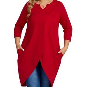 Plus Size Casual Top Solid Long Sleeve Notched Neck Wrap Hem Tunic 1XL-5XL, Red